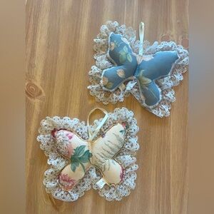 Vintage Handmade Plush Floral Butterfly With Lace Trim Hanging Pillow Set Of Two